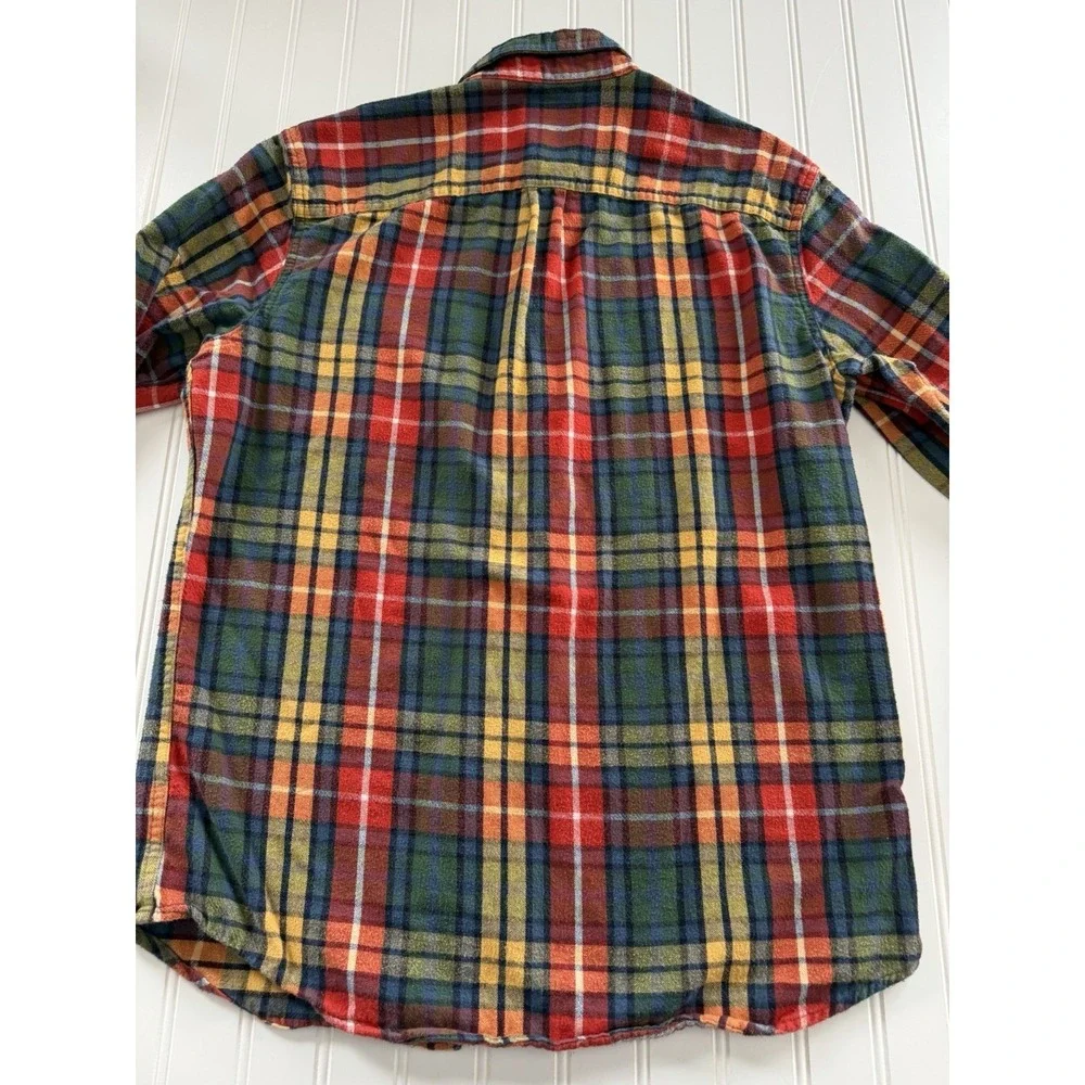 LL Bean Scotch Plaid Flannel Shirt Men's M Red Green Yellow Cotton‎ Button-Up